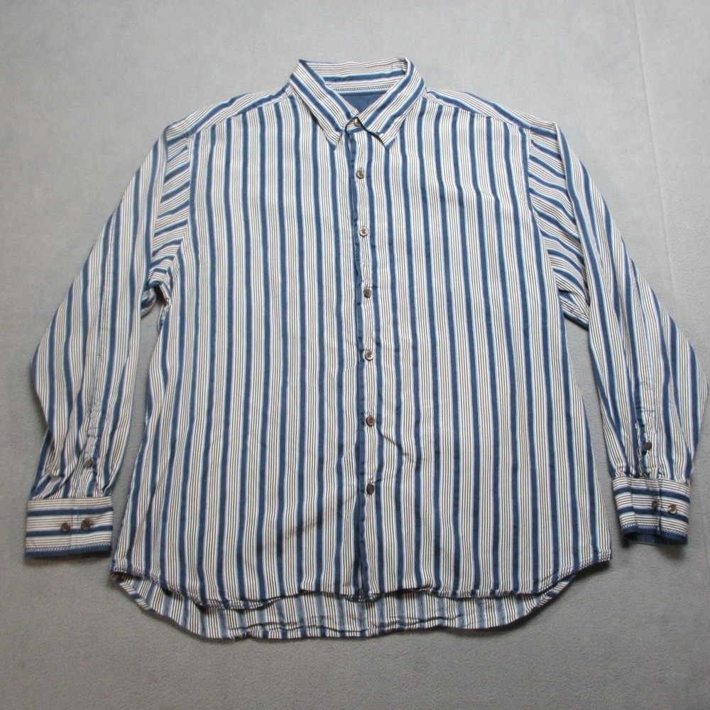 Tommy Bahama Shirt Mens XL Blue Brown Striped 100% Silk Travel Button Up